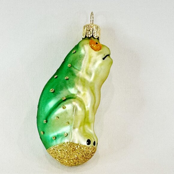 Vintage Blown Glass Frowning Green Frog Gold Glitter Spots Christmas Ornament 3" - Picture 3 of 6